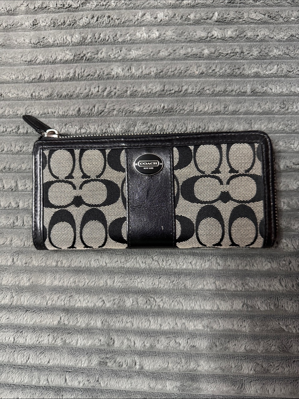 Coach Black and Cream Signature Zip Wallet with Leather Trim